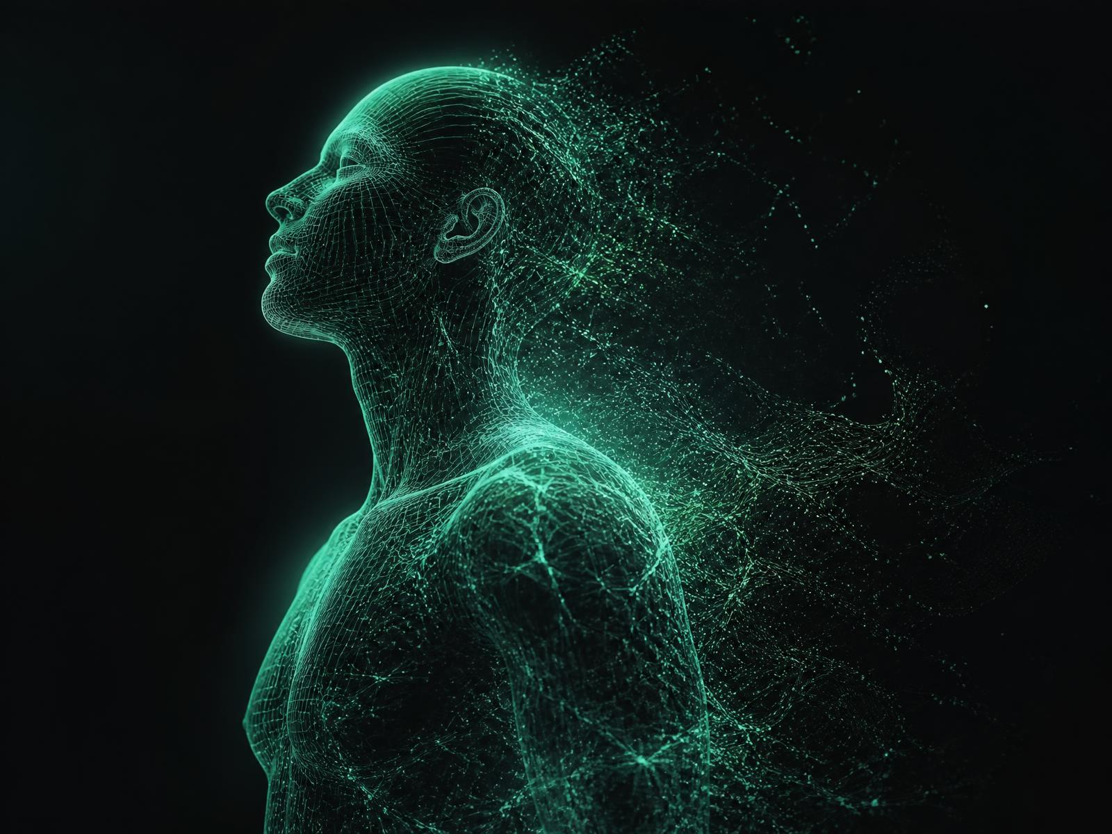 Abstract wireframe visualization of a human body rendered as biological data points